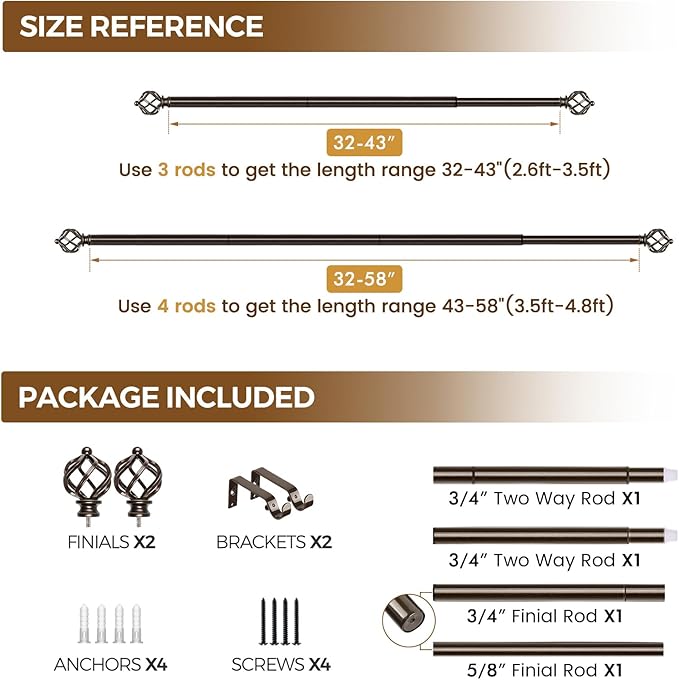 KAMANINA Bronze Curtain Rod 32 to 58 Inch(2.6-4.8ft), Adjustable Curtain Rods for Windows 28 to 48 Inch, 3/4 Inch Splicing Drapery Rods with Twisted Cage Finial