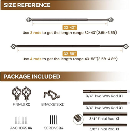 KAMANINA Bronze Curtain Rod 32 to 58 Inch(2.6-4.8ft), Adjustable Curtain Rods for Windows 28 to 48 Inch, 3/4 Inch Splicing Drapery Rods with Twisted Cage Finial