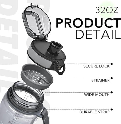 32oz Water Bottle with Time Marker, Motivational Drinking Bottle with Strap, BPA-Free Leak-Proof, Encouraging Water Bottle Time to Drink Water for Gym School Office Travel