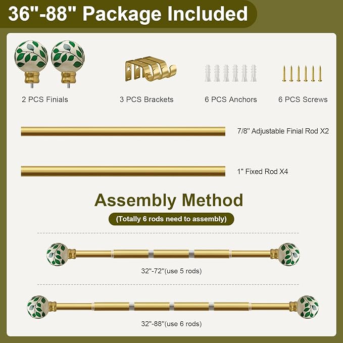 Ceramic c Curtain Rods for Windows 48 to 84 Inches Adjustable Length Heavy Duty 1" Diameter Window Curtain Rod with Modern Green Leaf Pattern Decorative Finials for Bedroom Living Room Kitchen