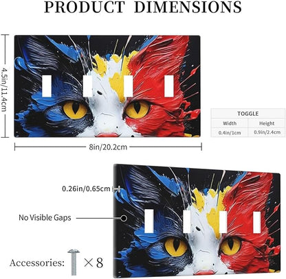 Decorative Light Switch Cover Plate Colorful Doodle Cute Funny Black Red White Cat 4 Gang Wall Plate Oversized Quad Toggle Switch Cover Plate Jumbo Faceplate