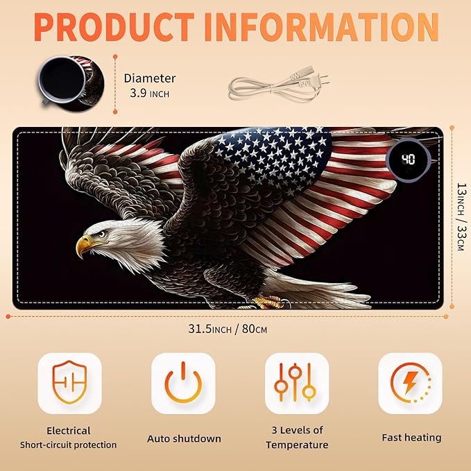 Heated Mouse Pad, Warm Desk Pad, Keyboard Mat 31.5 x 13 Inch Large Size Intelligent Fast Heating, 3 Speed Adjustable, Timed Auto Power Off for Game Office Home,Soaring American Flag Eagle
