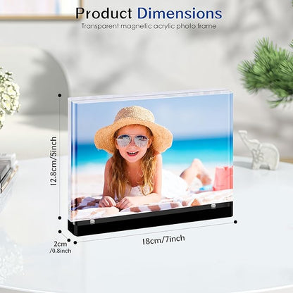 Magnetic Acrylic Picture Frames – Thick Double-Sided Clear Display, Black Base Decorative 5x7 Photo Frame for Home & Office Desktop (3-Pack, Horizontal)
