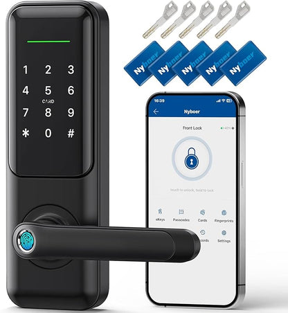 Fingerprint Smart Door Lock with Handle: Keyless Entry Keypad Lock for Front Door, Nyboer Electronic Digital Lock, Lockset Replacement for Exterior Doors