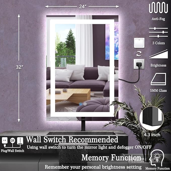 24 x 32 Inch Black Wood Led Medicine Cabinet Mirror with Lights Storage Wooden Cabinets Smart Memory 3 Color Dimmable AntiFog 32" Bathroom Lighted Medicine Cabinet with Mirror and LED Light