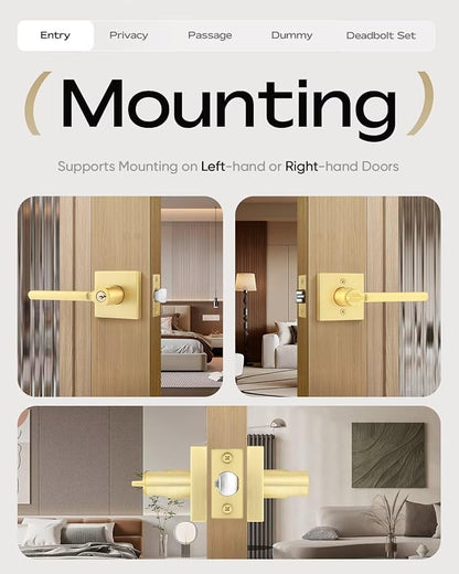 Leydebong 5 Pack Entrance Lever Door Handle [Lock with Three Keys] for Office or Front Door with a Satin Brass Finish, Reversible for Right & Left Side, Entry Lever