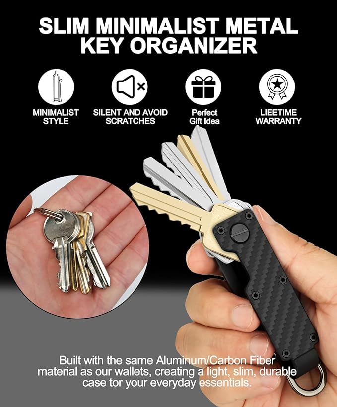 Mens Key Organizer - Compact Metallic Key Holder | Minimalist Innovative Keyholder | Smart Keychain Secures 1-5 Keys