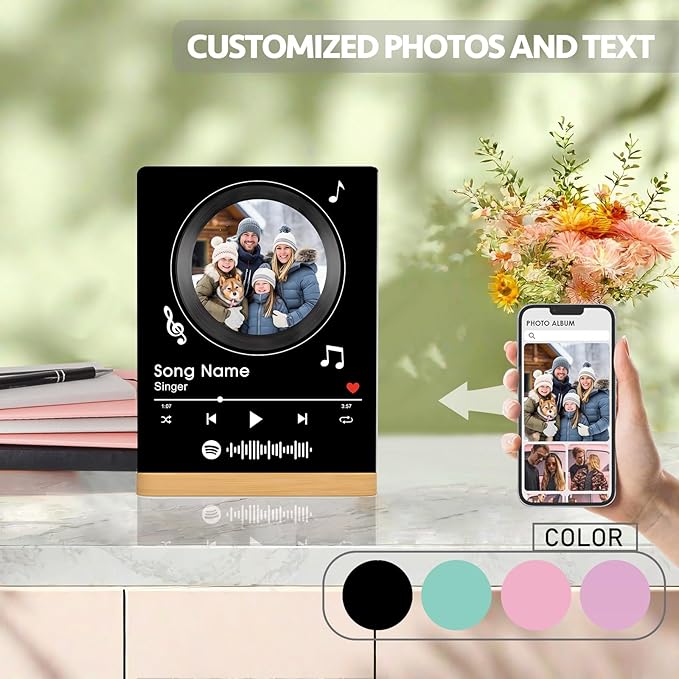 Custom Photo Prints - Metal Desktop Picture Frame with Photos & Spotify Song Plaque & Wooden Base Personalized Gifts for Family Friends and Lovers, Optional Multiple Sizes