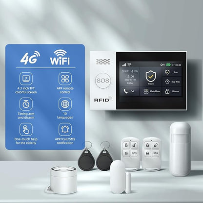 LWOHSI Alarm System for Home Security,Wireless 4.3" Fulltouch Screen Home Alarm Kits with Tuya APP Remote Alert,Door Sensors,Moiton Detector,Compatible with Alexa/Google Assistant for Villa,Apartment