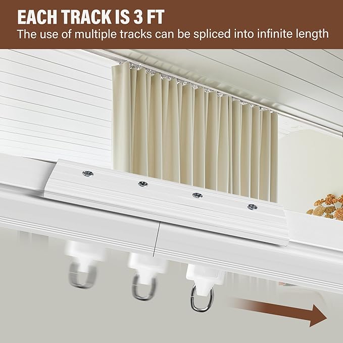 Ceiling Mount Curtains Track Room Divider Privacy Partition Separator Curtain Tracks Rods Heavy Duty RV Shower Outdoor Rail Clip Hook Set, White 3-18ft