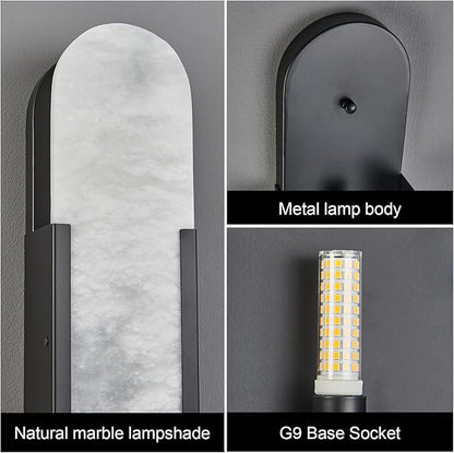 Alabaster Wall Sconces Set of Two, Modern Natural Marble Wall Sconces for Indoor Lighting, 19.7 in Black Wall Lights for Bathroom Dining Room Stairs Bedroom