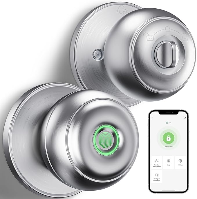 GeekTale Fingerprint Door Lock for Bedrooms, Fingerprint Door Knob with Lock, Smart Door Lock, App Control, Back-up Keys, Thumbprint Door Knob for Bedrooms, Office, Apartment