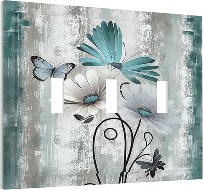 Decorative Switch Plates Rustic Teal Daisy Floral Flowers Butterfly Wood Grain 3 Gang Wall Plate Triple Toggle Light Switch Cover Faceplate Electrical Wall Panels for Bathroom Bedroom Decor