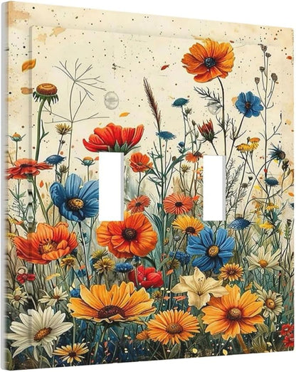 Decorative Switch Plate Covers Colorful Flowers Wildflowers Plants Orange Yellow Blue 2 Gang Double Toggle Light Switch Cover Plate Electrical Wall Plate Outlet Cover for Home Farmhouse