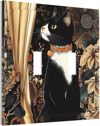 Decorative Switch Plates Boho Mandala Floral Black Cat Vintage Flower 2 Gang Double Toggle Outlet Light Switch Cover Wall Plate Electrical Faceplate For Farmhouse Home Decor