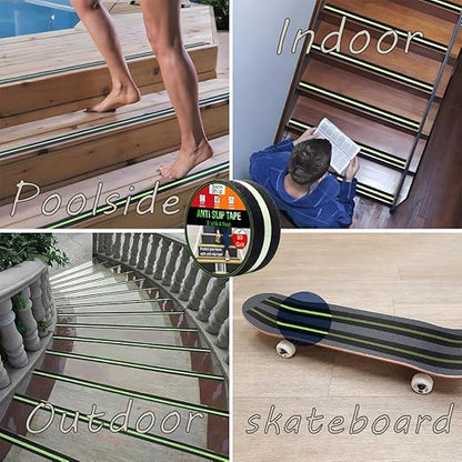 Glow in The Dark Anti Slip Tape for Stairs 2 Pack Safety Grip Strips 2in x 16.4ft Waterproof Non Skid Traction Tape for Indoor & Outdoor Steps Black with Bright Green Walk Caution Tape
