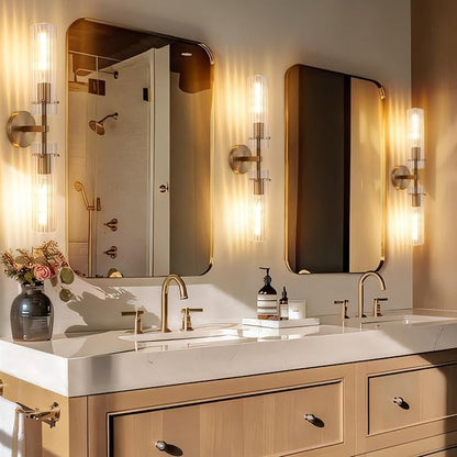 Brass Gold 2-Light Knurled Wall Sconce, Dual-Head Vanity Lamp with Vertical Striped Glass Tube, Bathroom Wall Sconces, Wall Lights for Living Room Bedroom Hallway Kitchen Bathroom Mirror