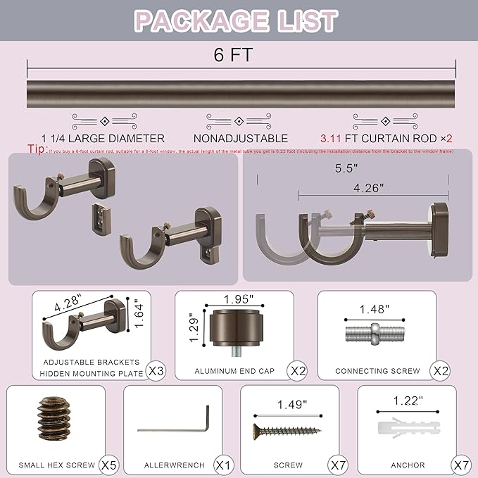 Heavy Duty Curtain Rods,1 1/4" Large Diameter Premium Nonadjustable Curtain Rod,72in/6ft Custom Window Treatment Rods with Durable Aluminum Brackets and End Caps,Dark Bronze Finish