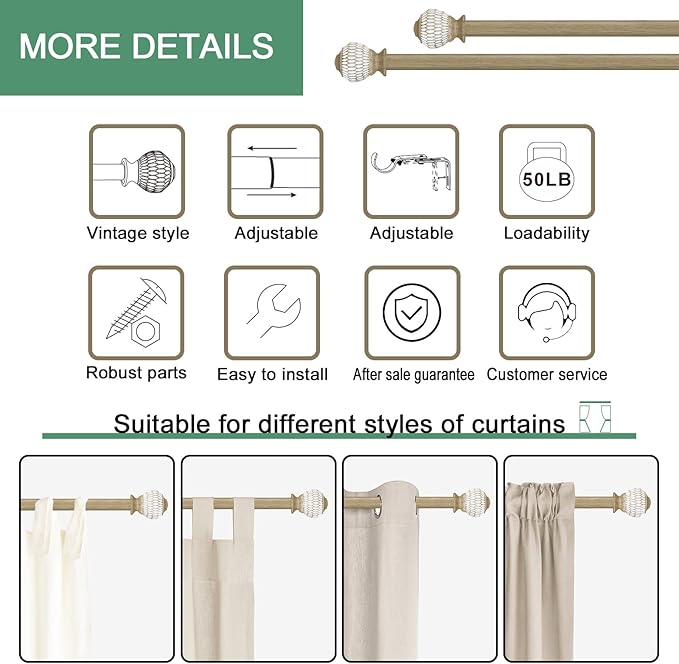 Curtain Rods for Windows 16 to 48 Inches Adjustable Length 1 Inch Diameter Window Curtain Rod with Wood Grain Leaf Pattern Finials,for Heavy Duty Curtains Rods