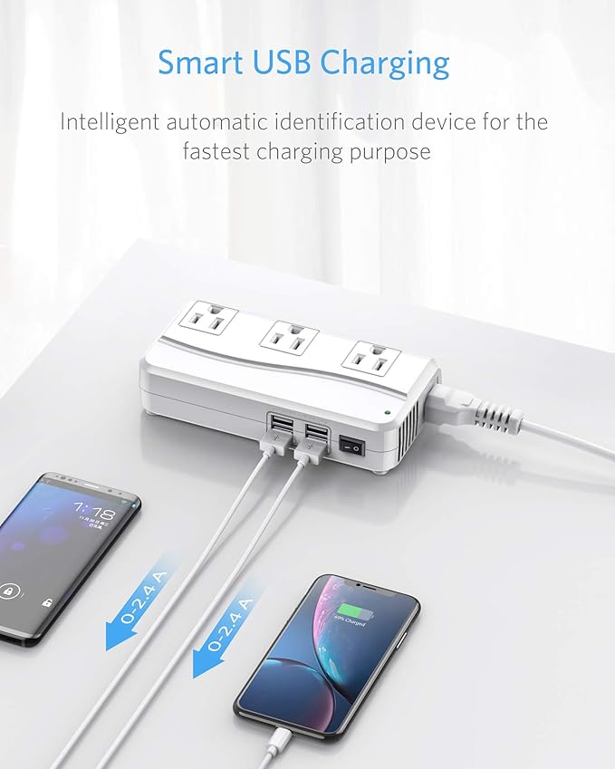 BESTEK Universal Travel Adapter 220V to 110V Voltage Converter with 6A 4-Port USB Charging and UK/AU/US/EU Worldwide Plug Adapter (White)