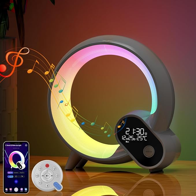 Smart Night Light for Kids,Wake Up Light Sunrise Alarm Clock,Ambient Light & Sleep Assistant White Noise Sound Machine Baby Night Light,App,Bluetooth Speaker,Snooze,Timer,Remote Control,Ideal for Gift