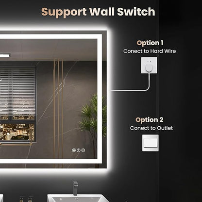 48"X32" LED Bathroom Mirror with Front Lights and Backlit, Anti-Fog, Dimmable, Shatter-Proof Tempered Glass, Lighted Bathroom Vanity Mirror for Wall with 3 Colors, Memory Function