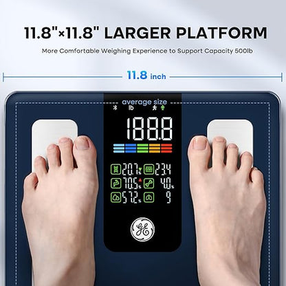 GE Smart Scale for Body Weight, BMI, Body Fat, Muscle Mass, Digital Bathroom Scales 500lbs for Bluetooth Weight Monitor 11.8" Large Platform Weighing Machine Health Analyzer Dark Blue-Button Function