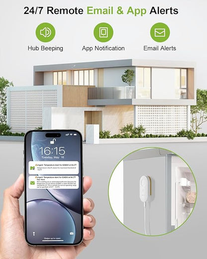 MOCREO WiFi Refrigerator Thermometer, Remote Email & App Alert, 2 Years Data Export, 1 Smart Temperature Sensor Frezzer Alarm with Digital Monitor Hub for Home, Kitchen, Fridge