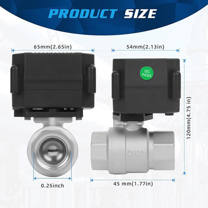 1/4" Motorized Ball Valve - 9-24V AC/DC Automatic Ball Valve,2 Wire Auto Return Electric Water Valve with Full Port,Stainless Steel