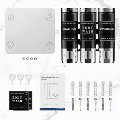 Shampoo and Conditioner Dispenser,Shower Dispenser 3 Chamber No Drill Wall-Mounted Shampoo Dispenser for Shower Wall Mounted Shower Soap Dispenser for Bathroom Hotel Large Capacity,Chrome1