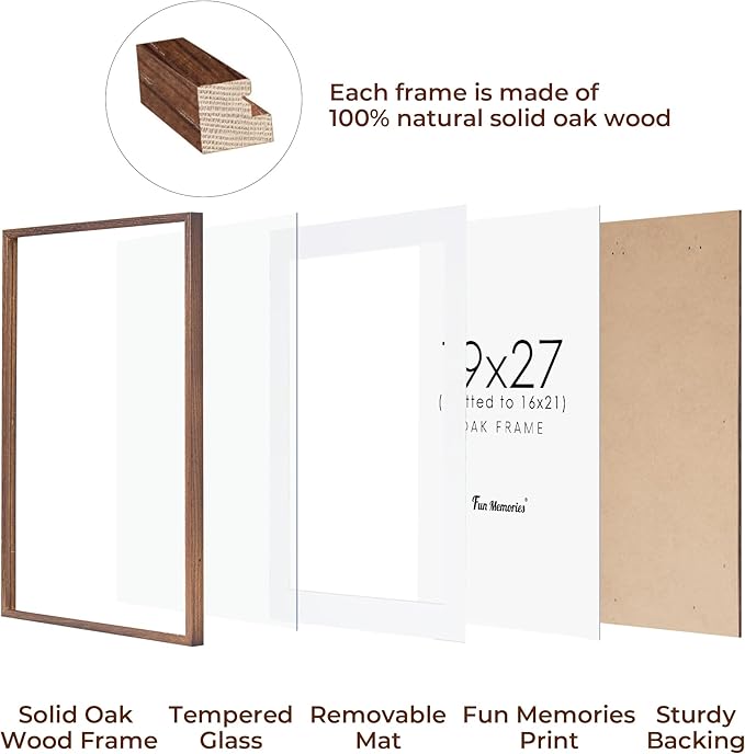 Solid Oak Wood Frame - 19x27, Matted to 16x21, Real Glass, Walnut Color, 1 Pack