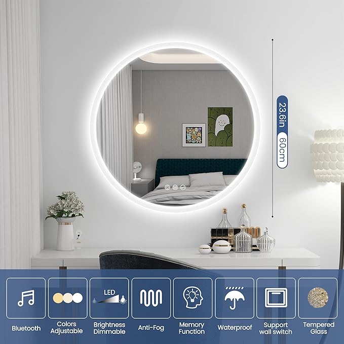 STARLEAD 24" LED-Bathroom-Mirror-with-Lights, Wall-Mounted with Bluetooth Speaker, Anti-Fog, 3 Color Temperature, Dimmable Brightness, Waterproof, Tempered Glass, Frontlit & Backlit, Round