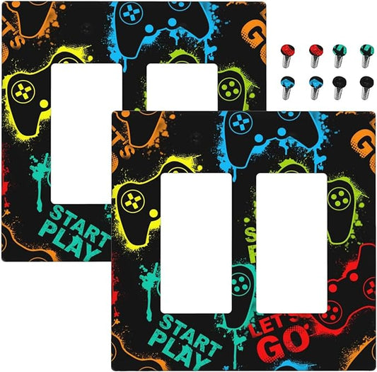 Decorative Outlet Covers Gamepad Theme Graffiti 2 Gang Light Switch Cover Plate Double Rocker Wall Plate Switch Plate Covers Faceplate for Game Room Bedroom Decor （2 Pack）
