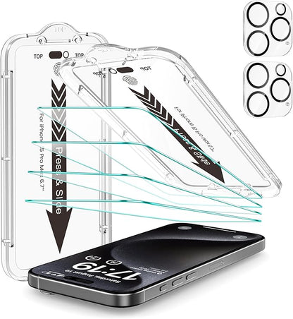 EZ-GLAZ- 4 Pack for iPhone 15 Pro Max Screen Protector [6.7"] With 2 Pack Camera Lens Protector, 9H+ Hardness 12FT Military Grade Shatterproof Scratch Resistant Durable Tempered Glass Film with Flawless Fit Kit, HD Clear