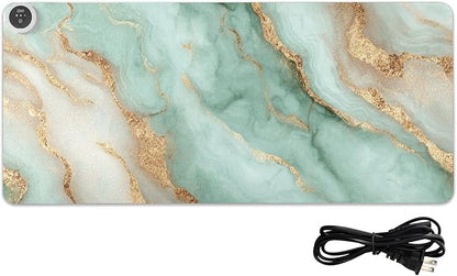 Heated Desk Pad Mouse Pad 31.5x13 Inch PU Leather Desk Mat with 3 Heat Levels Large Mouse Gaming Computer Laptop Mat Mint Green and Gold Marbletexture