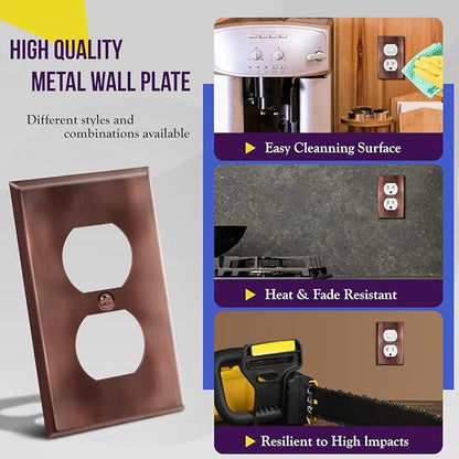 ENERLITES Duplex Receptacle Metal Wall Plate, Stainless Steel Outlet Cover, Corrosion Resistant, Standard Size 1-Gang 4.50" x 2.76", Stainless Steel 201, 7721-AC, Antique Copper