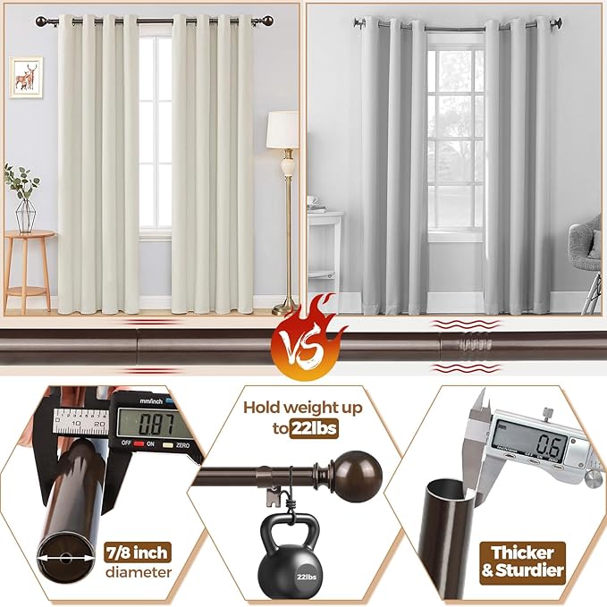 KAMANINA Curtain Rods for Windows 48 to 84 Inches, Bronze Curtain Rod 32 to 86 Inches (2.6-7.1ft), 7/8 Inch Decorative Drapery Rod with Round Finials