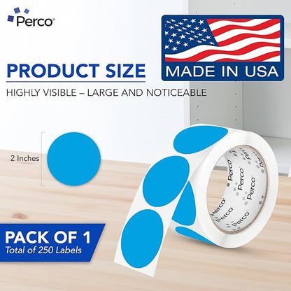 Perco Light Blue 2-Inch Perforated Circle Dot Sticker Labels — 250 Round Stickers Per Roll — with Permanent Adhesive for Organizing, Color Coding, Bin Labeling, Packaging Alerts — Made in USA