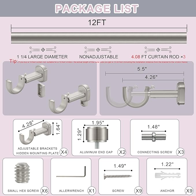 Heavy Duty Curtain Rods,1 1/4" Large Diameter Premium Nonadjustable Curtain Rod,144in/12ft Custom Window Treatment Rods with Durable Aluminum Brackets and End Caps,Brushed Nickel Finish