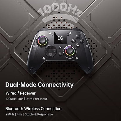 GUSGU G7 Wireless Gaming Controller with Interactive Screen, 1000Hz Polling Rate, Hall Joysticks & Triggers, 4 Programmable Buttons, Compatible with PC, Switch1, PS4, iOS, Android, Black