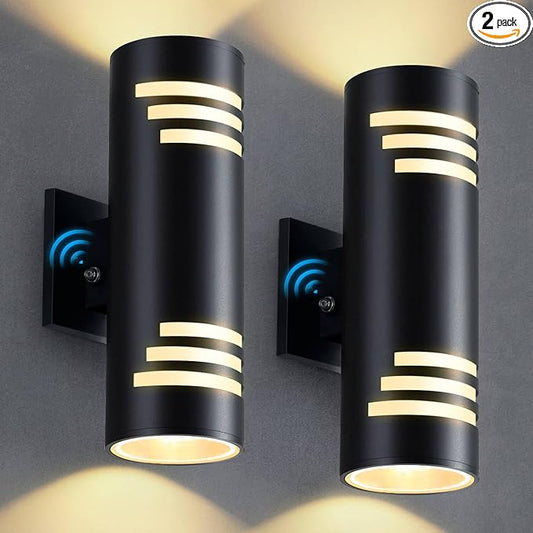 Dusk to Dawn Outdoor Lighting 2 Pack, Modern Outdoor Wall Lights Black Exterior Lighting Fixtures with E26 Base, Cylinder Sconce Waterproof Outdside Lights for House Porch, Bulbs Include