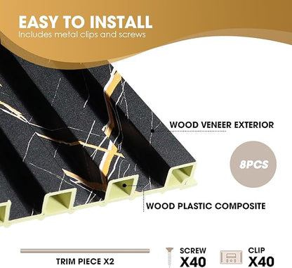 OUZUGIE WPC Acoustic Slat Wall Paneling, 8-Pack 96 x 6 Inches 3D Wall Panels for Interior Wall Decor,Living Room,TV Background,Study Room,Office Spaces,Bedroom,High Grille (Black Marble)