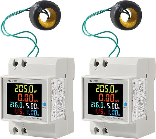 2Pack Single Phase Energy Meter Din Rail Electricity Usage Monitor AC 40-300V 100A Voltmeter Ammeter Watt Kwh Frequency Power Meter External CT 110V