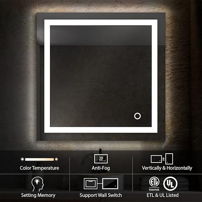 Blossom 30X30 LED Bathroom Mirror with Lights, Anti-Fog, Dimmable, Backlit & Front Lit, Lighted Bathroom Vanity Mirror for Wall, Memory Function, Waterproof, Tempered Glass, Smart Vanity Makeup Mirror