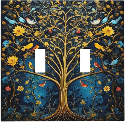 Gold Tree With Birds Flowers on Branches Light Switch Covers Double Toggle 2 Gang Wall Plate Dual Decorative Switchplate Electrical Faceplate for Farmhouse Decor