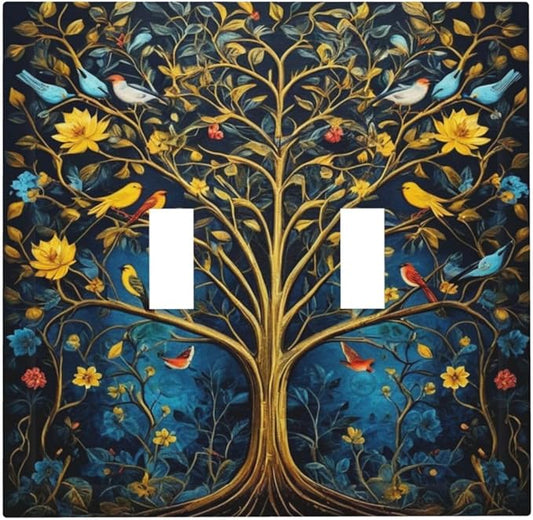 Gold Tree With Birds Flowers on Branches Light Switch Covers Double Toggle 2 Gang Wall Plate Dual Decorative Switchplate Electrical Faceplate for Farmhouse Decor