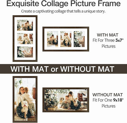 Golden State Art Three 5x7 Collage Picture Frame - Solid Wood with Tempered Glass - Multi Picture Frame Display Three 5x7 Photos with Mat - or One 9x18 Frame Without Mat for Wall Decor, Dark Brown