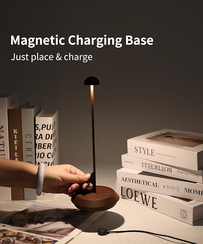 Cordless Table Lamp - LUME, Geometric Aesthetics, Magnetic Charging, Dimmable & Adjustable Lighting, IP65- Portable Rechargeable LED Lamp for HoReCa, Bedroom, Living Room, Outdoor Use (Corten)