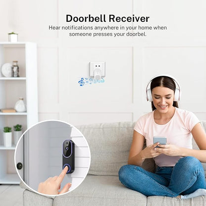 Smart 1080p Video Doorbell Camera with Doorbell Receiver, Live View, AI Human Detection, 2-Way Audio, Night Vision, Cloud Storage (Sold Separately), 2.4G WiFi