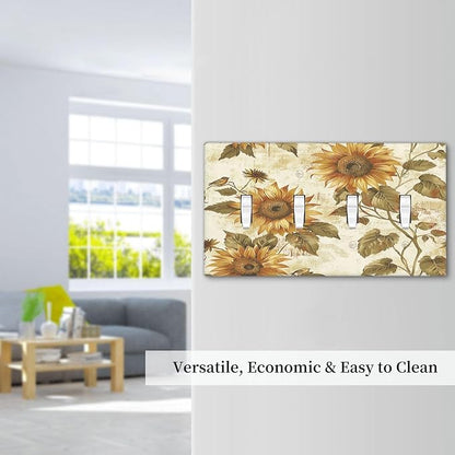Light Switch Covers Rustic Sunflower Floral Pattern Quad Toggle Electrical Faceplate 4 Gang Wall Plate Decorative Switch Plates for Bedroom Cabin Decor